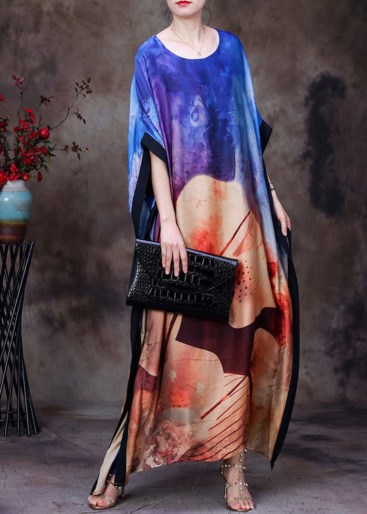 Loose Blue O-neck Asymmetrical Print Silk Vacation Dress for Batwing Sleeve