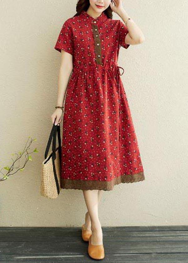 Red Print Stand Collar Robe Summer Cotton Dress