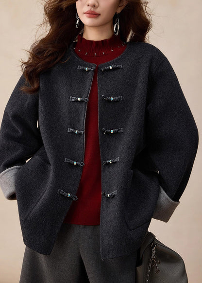 Dark Grey O-neck Button Woolen Coats Spring