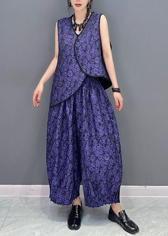 Purple Sleeveless Vest Tops and Pants Cotton Two Piece Set Clothing