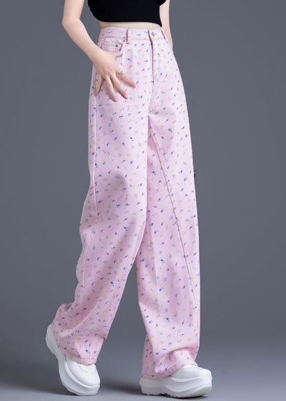 Pink Pockets Print Denim Straight Pants Spring