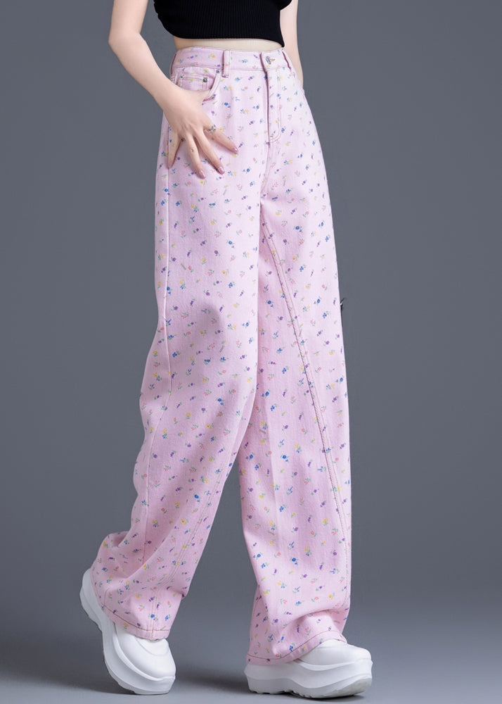 Pink Pockets Print Denim Straight Pants Spring