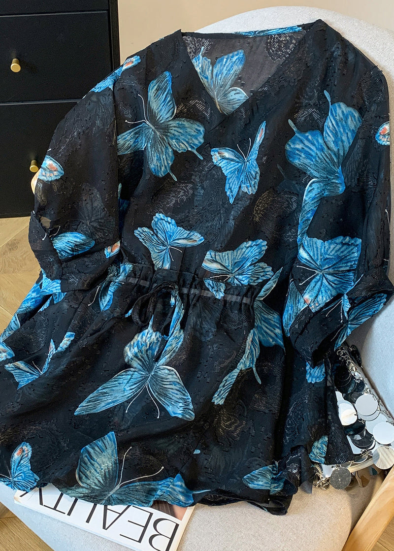 Blue Butterfly Silk Blouse Tops Cinched Summer