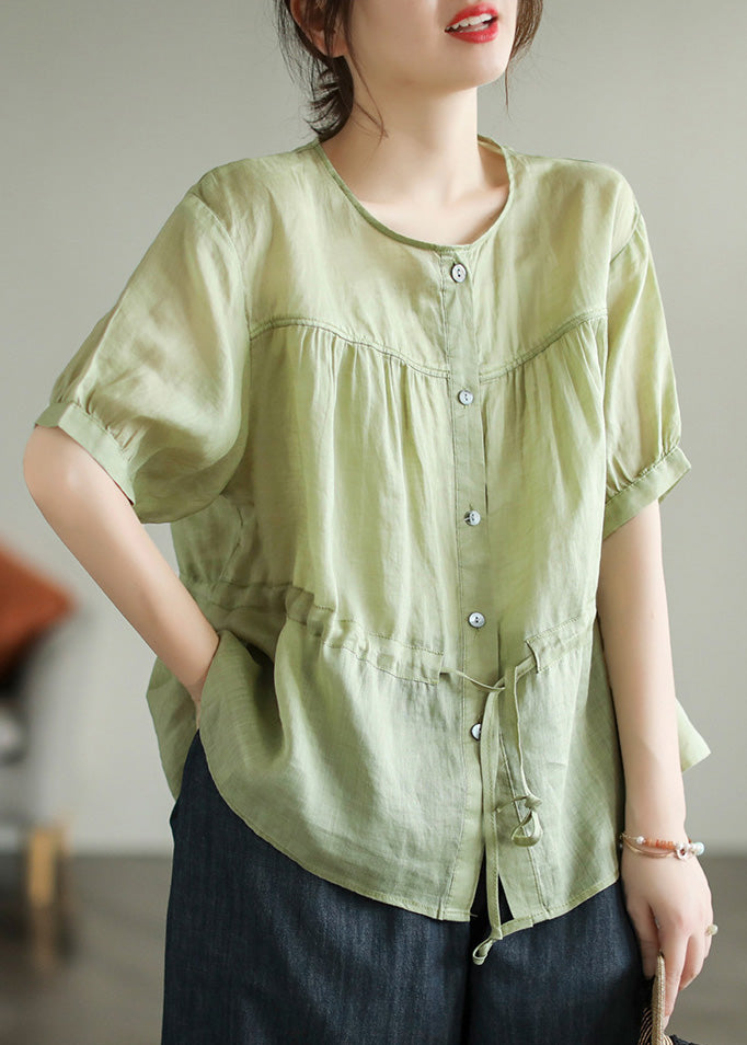 Green O-neck Patchwork Wrinkled Tie Waist Ramie Shirt Short Sleeve