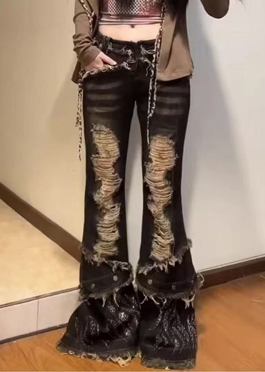Navy Tasseled Denim Ripped Bell-bottom Trousers Spring