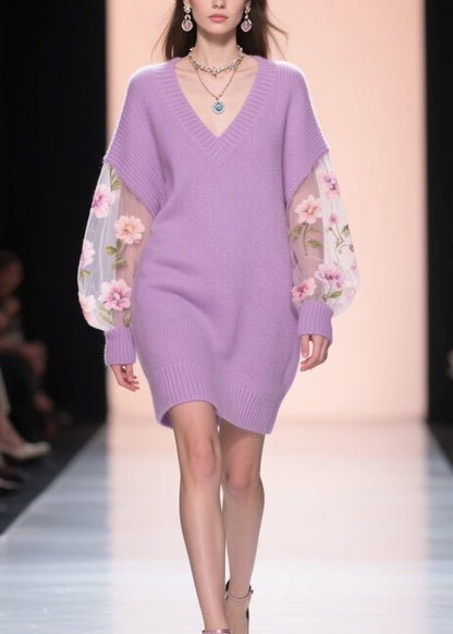 Loose Purple V Neck Tulle Patchwork Knit Mid Dress Fall