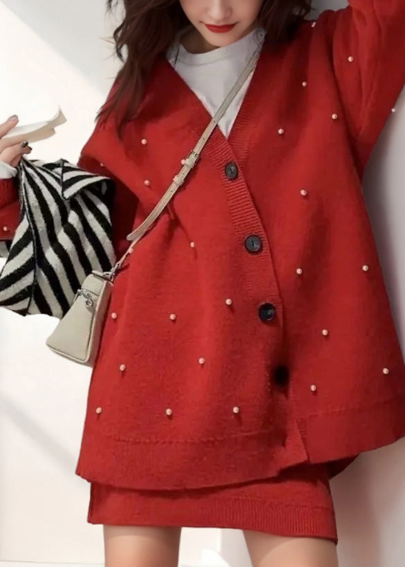 Red V Neck Nail Bead Cotton Knit Cardigan and Skirts Two Pieces Set Winter