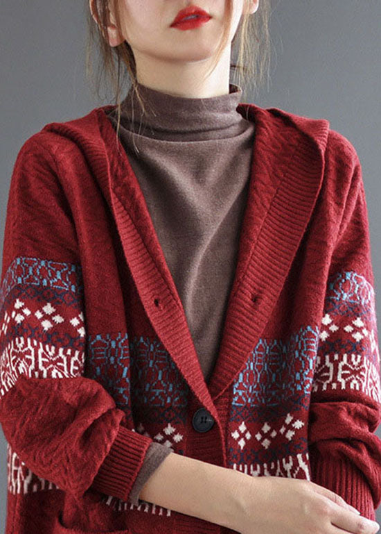 Red Pocket Print Knitted Coats Cardigans Hooded Long Sleeve