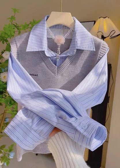 Grey Peter Pan Collar False Two Pieces Patchwork Knit Tops Spring