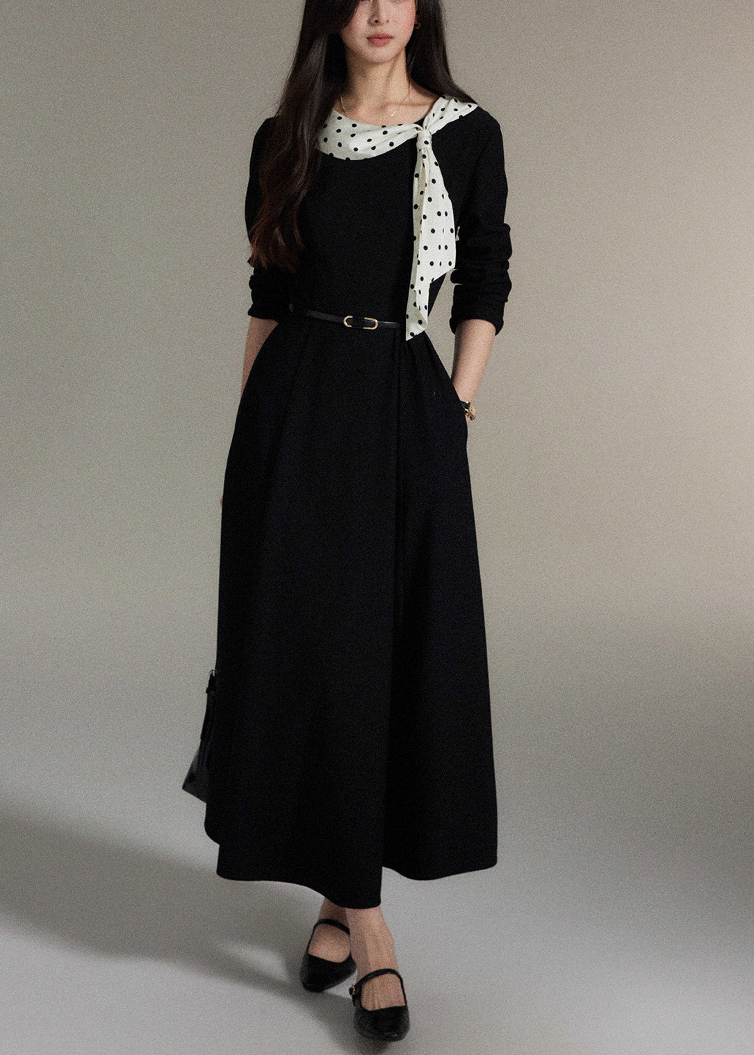 Black Bow Pockets Wool Long Dress Fall