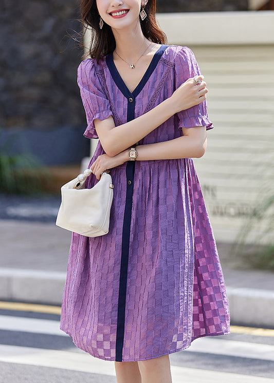 Purple V Neck Plaid Patchwork Cotton Dresses Summer