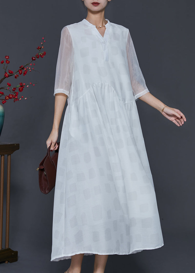 White V Neck Draping Silk Long Dresses Half Sleeve