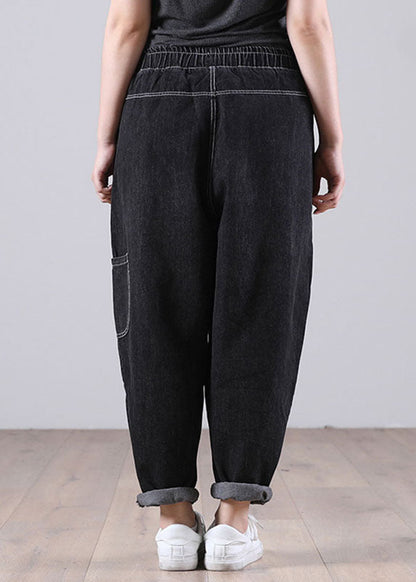 Classy Black Elastic Waist Pockets Harem Fall Patchwork Pants