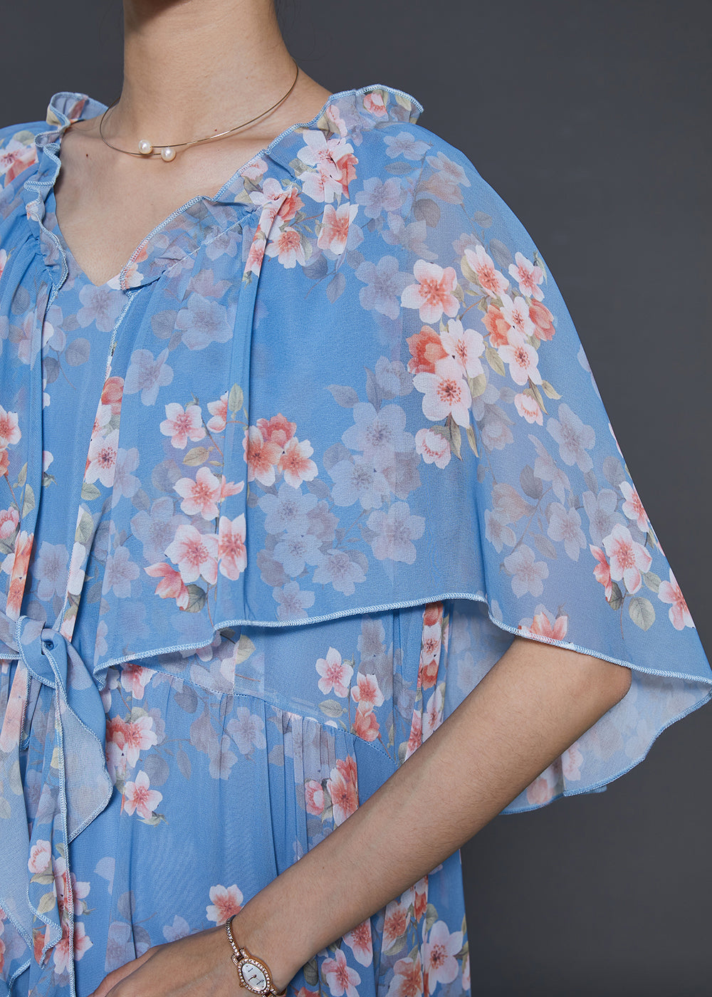 Diy Blue Ruffled Print Chiffon Vacation Dresses Cloak Sleeves