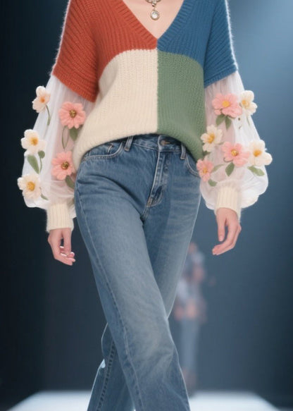 Colorblock V Neck Patchwork Knit Sweater Fall