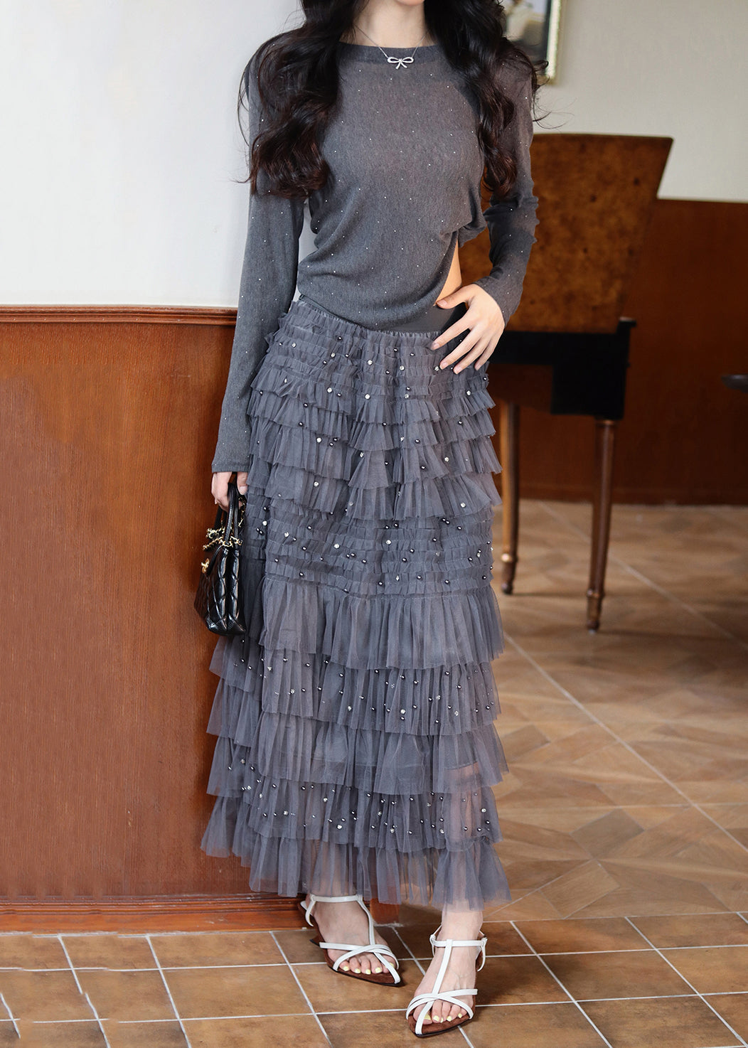 Novelty Grey Cinched Zircon Tops and Tulle Skirts Two Pieces Set Fall