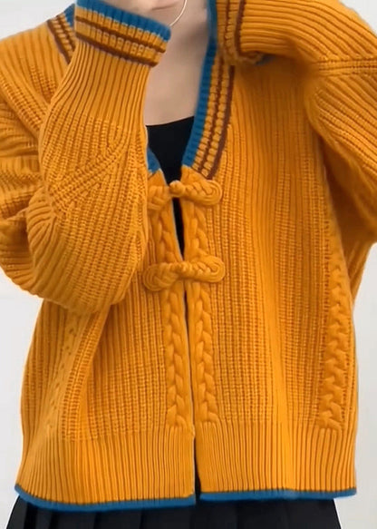 Orange V Neck Oriental Button Knit Cardigan Spring