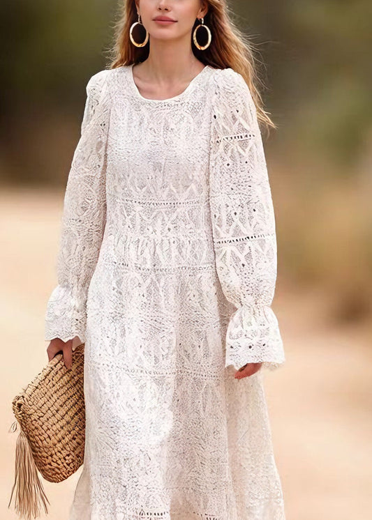 O Neck Embroidered Hollow Out Lace Long Dresses Spring