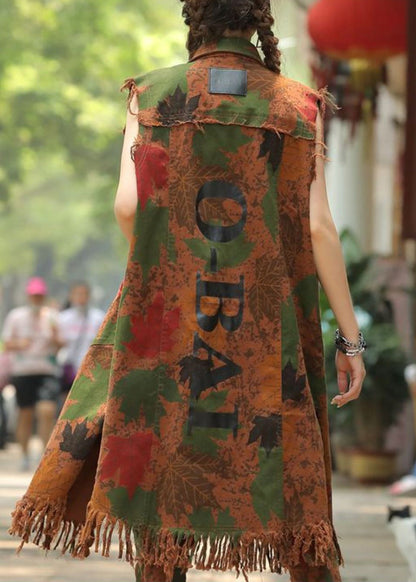 Army Green Peter Pan Collar Print Pockets Tassel Waistcoat Fall