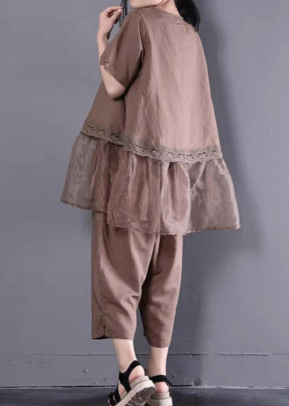 Loose Baggy Chocolate O-neck Top and Crop Pants Two Pieces Set Summer