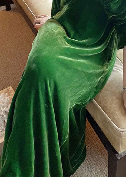 Green V Neck Nail Bead Patchwork Wrinkled Velour Dress Spring
