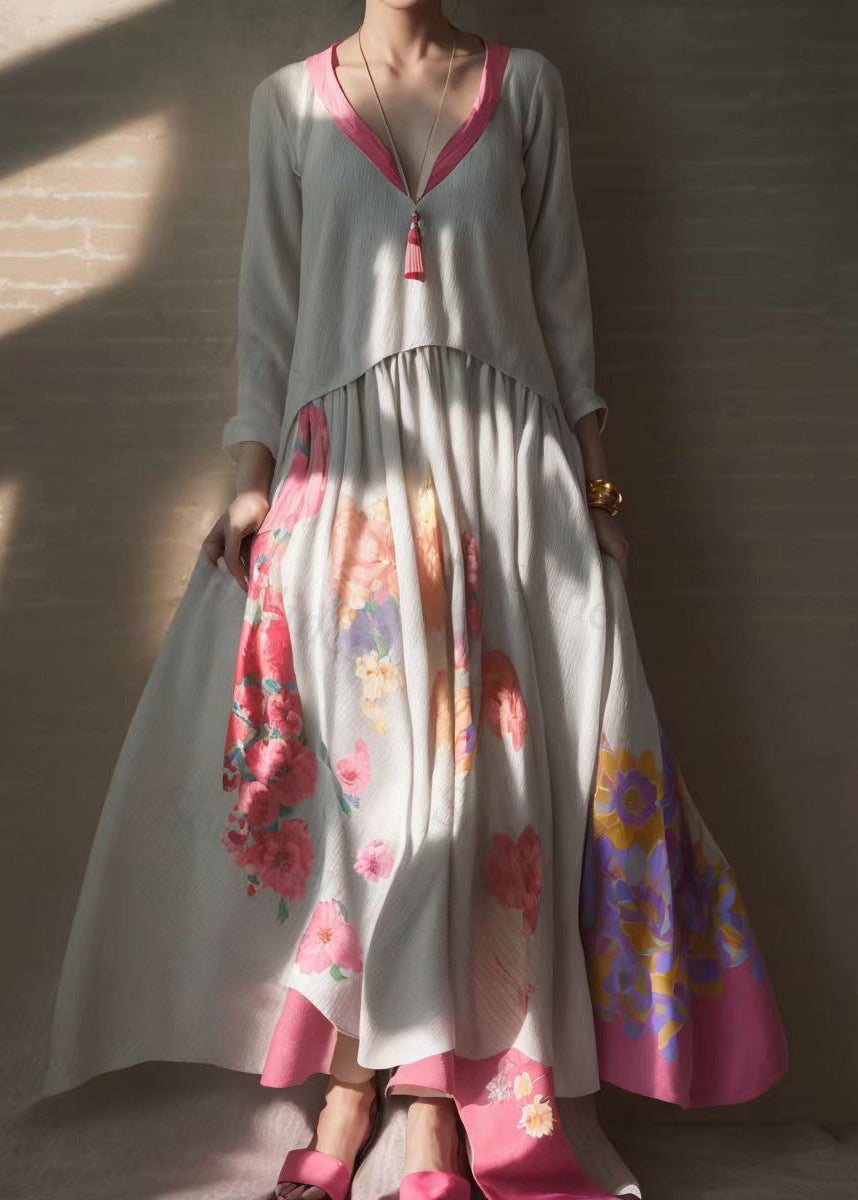 Loose Apricot Patchwork Fake Two Piece Silk Holiday Maxi Dress Long Sleeve