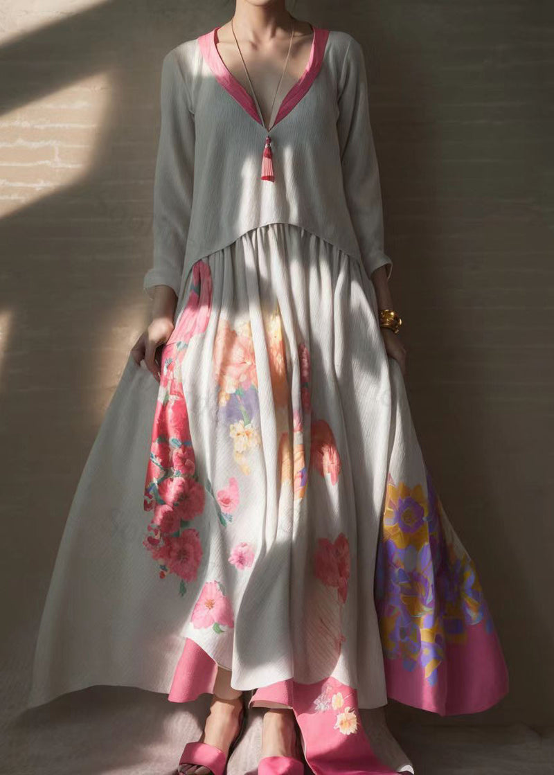Loose Apricot Patchwork Fake Two Piece Silk Holiday Maxi Dress Long Sleeve