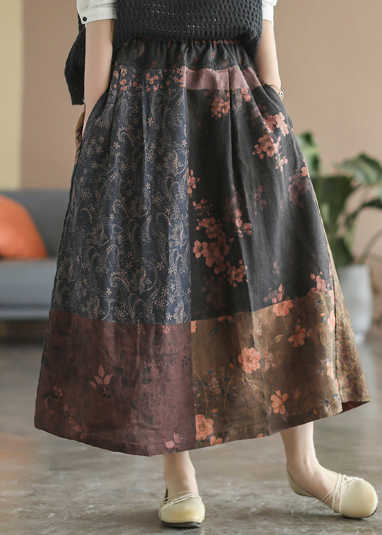 Chocolate Patchwork Linen Skirt Elastic Waist Spring