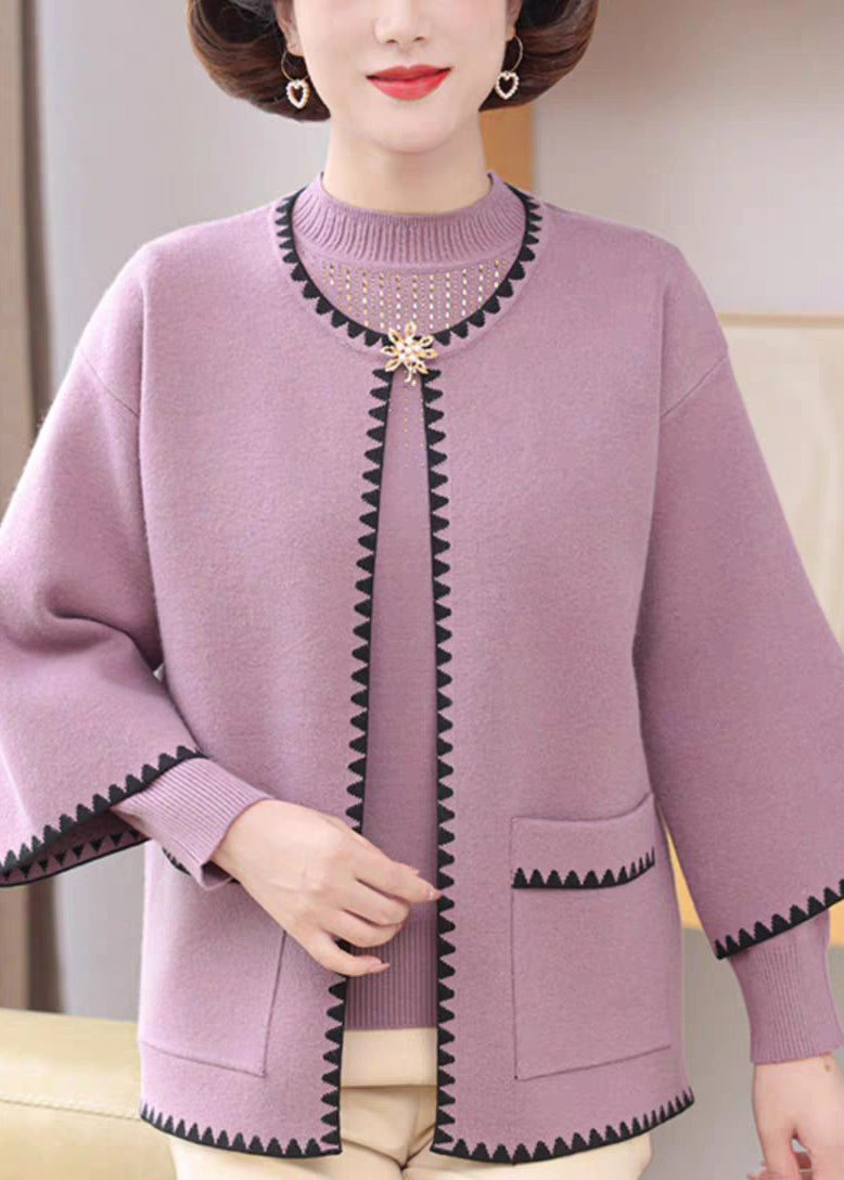 Light Purple O-neck Pockets Cotton Knit Coats and Sweaters Two-piece Set Fall