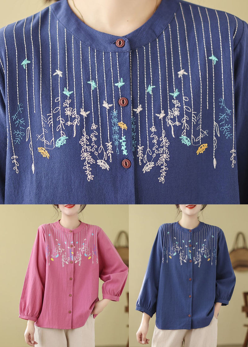Loose Blue Embroidered Linen Blouses Long Sleeve