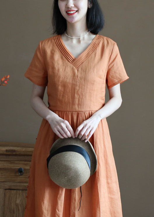 Orange V Neck Wrinkled Linen Cinch Dress Short Sleeve