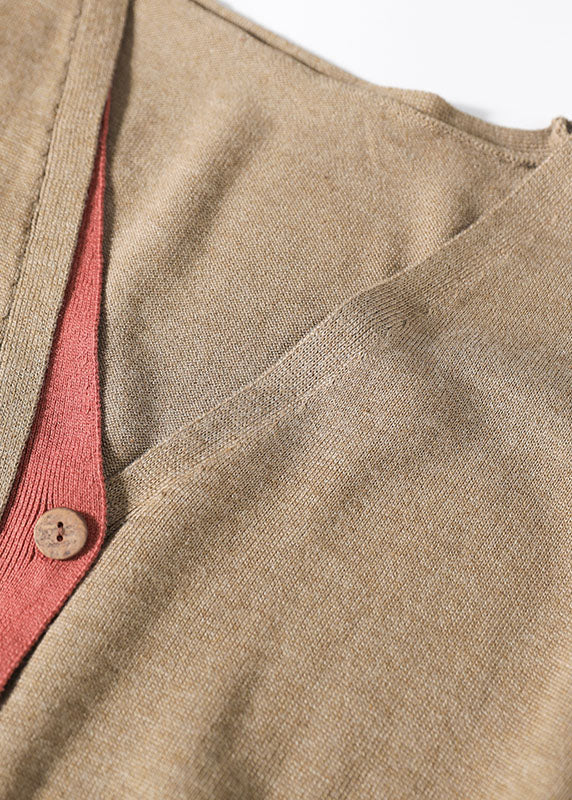 Khaki Button V Neck Patchwork Knit Loose Cardigans Spring