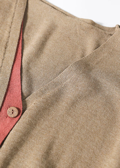 Khaki Button V Neck Patchwork Knit Loose Cardigans Spring