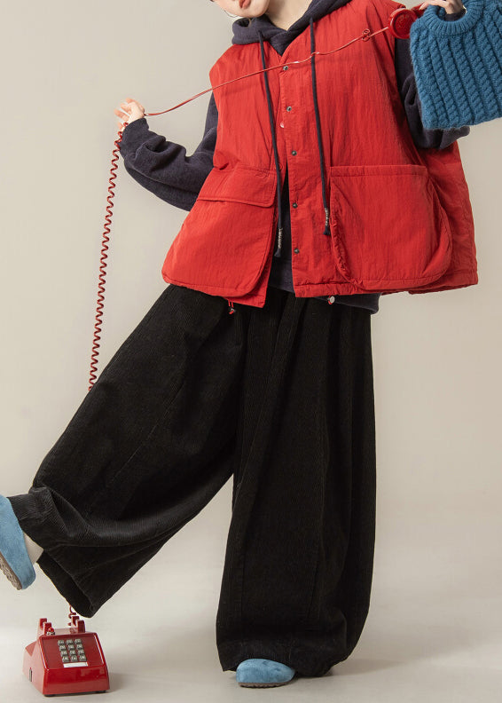 Red Pockets Drawstring Waistcoat and Black Wide Leg Pants Two-piece Set Sleeveless