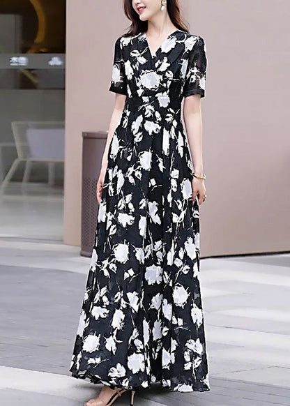 Black V Neck Print Chiffon Long Dress Summer