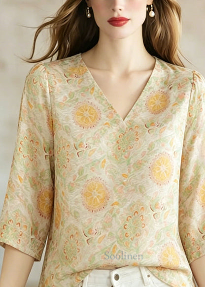 V Neck Jacquard Silk Shirt Top Bracelet Sleeve