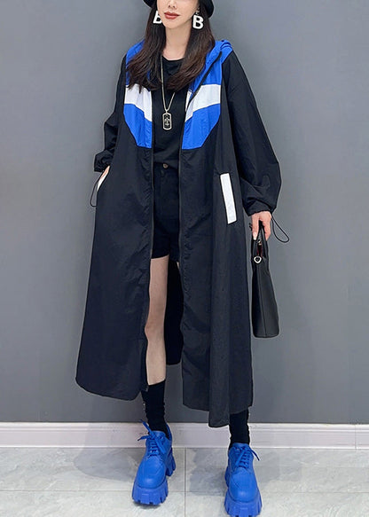 Blue Hooded Pockets Patchwork Long Coat Fall