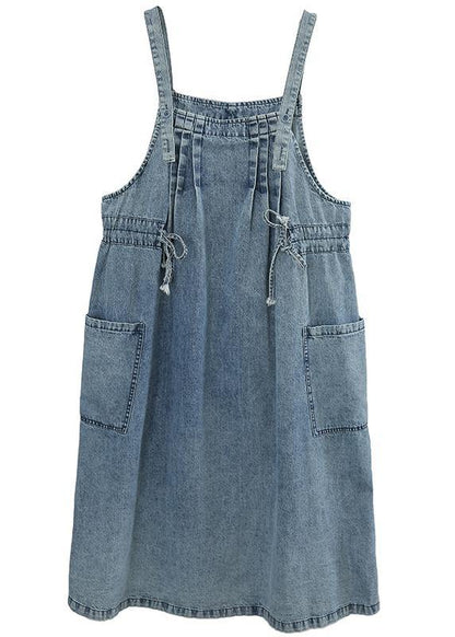 Simple Blue Summer Tie Waist Cotton Spaghetti Strap Dress