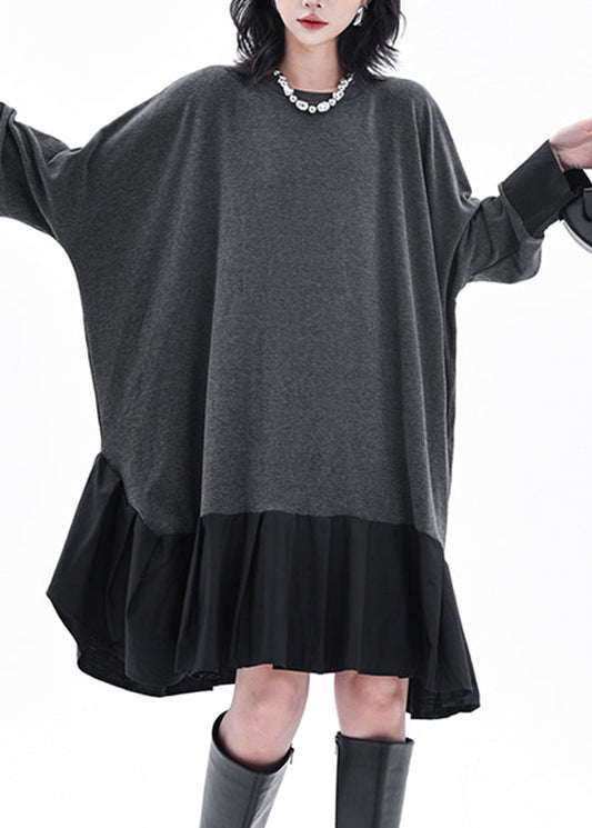 Grey O-neck Patchwork Long Dress Batwing Sleeve