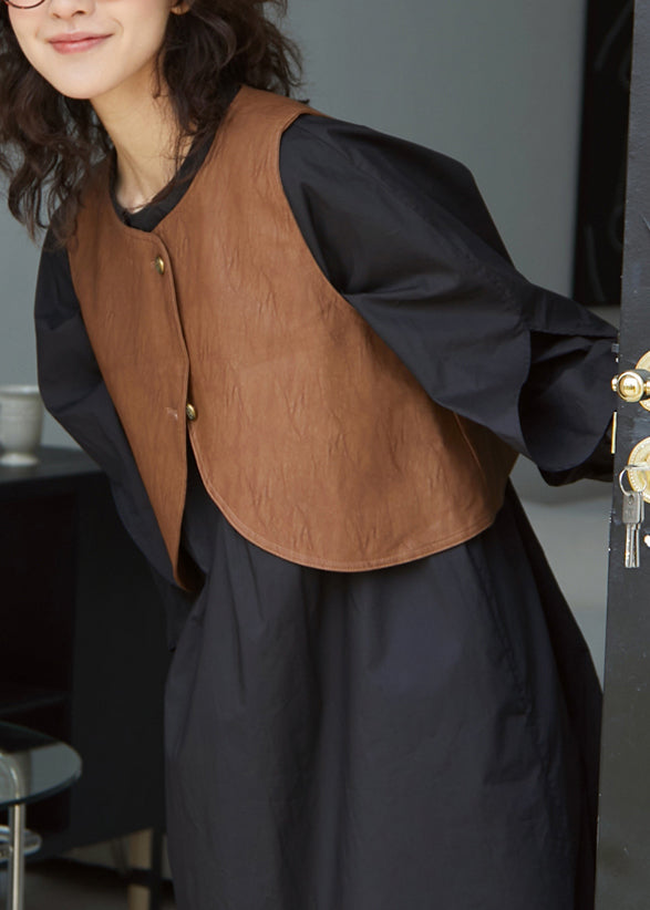 Coffee O-neck Button Faux Leather Waistcoat Fall