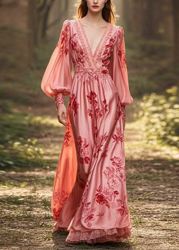 Stylish Pink V Neck Print Silk Dresses Lantern Sleeve Spring