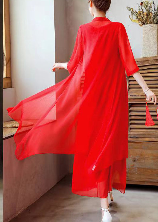 Loose Red O Neck Embroidered Chiffon Two Pieces Set Half Sleeve