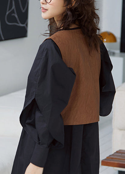 Coffee O-neck Button Faux Leather Waistcoat Fall
