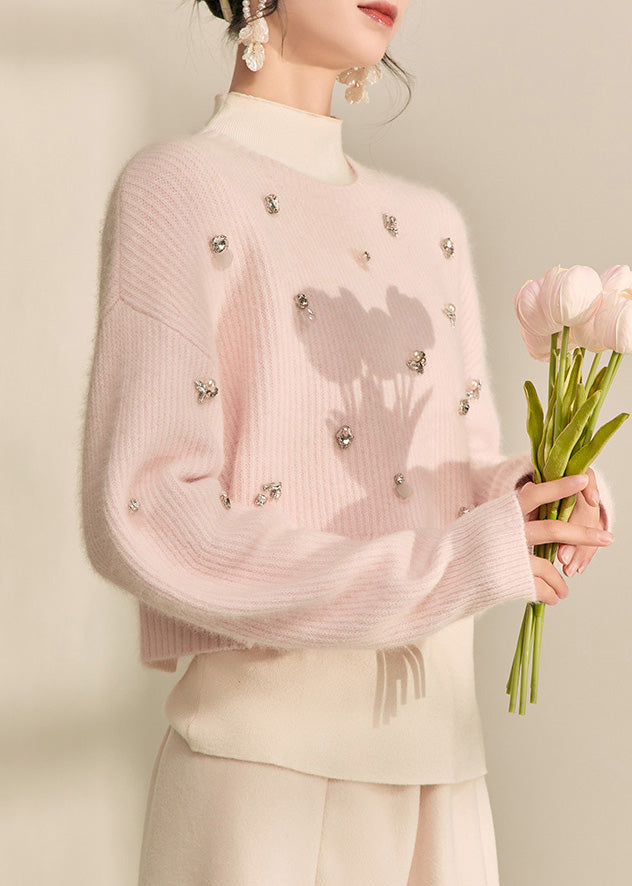 Pink O-neck Nail Bead Cotton Knit Short Sweater Spring