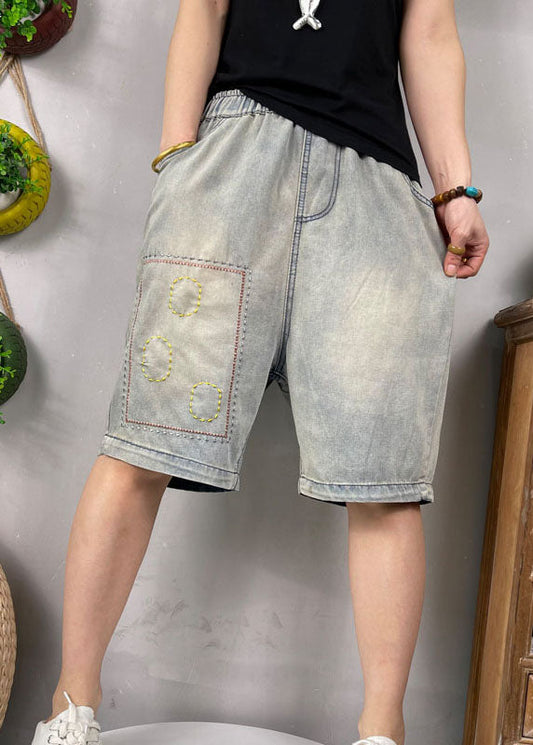 Natural Blue Embroideried Denim Shorts Summer