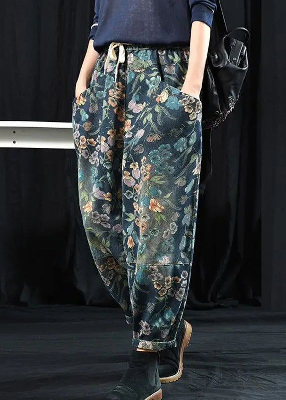 Print Pockets High Waist Denim Crop Pants Spring
