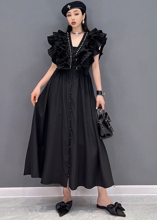 Style Black V Neck Original Ruffles Cotton Long Dress Vestidos Sleeveless