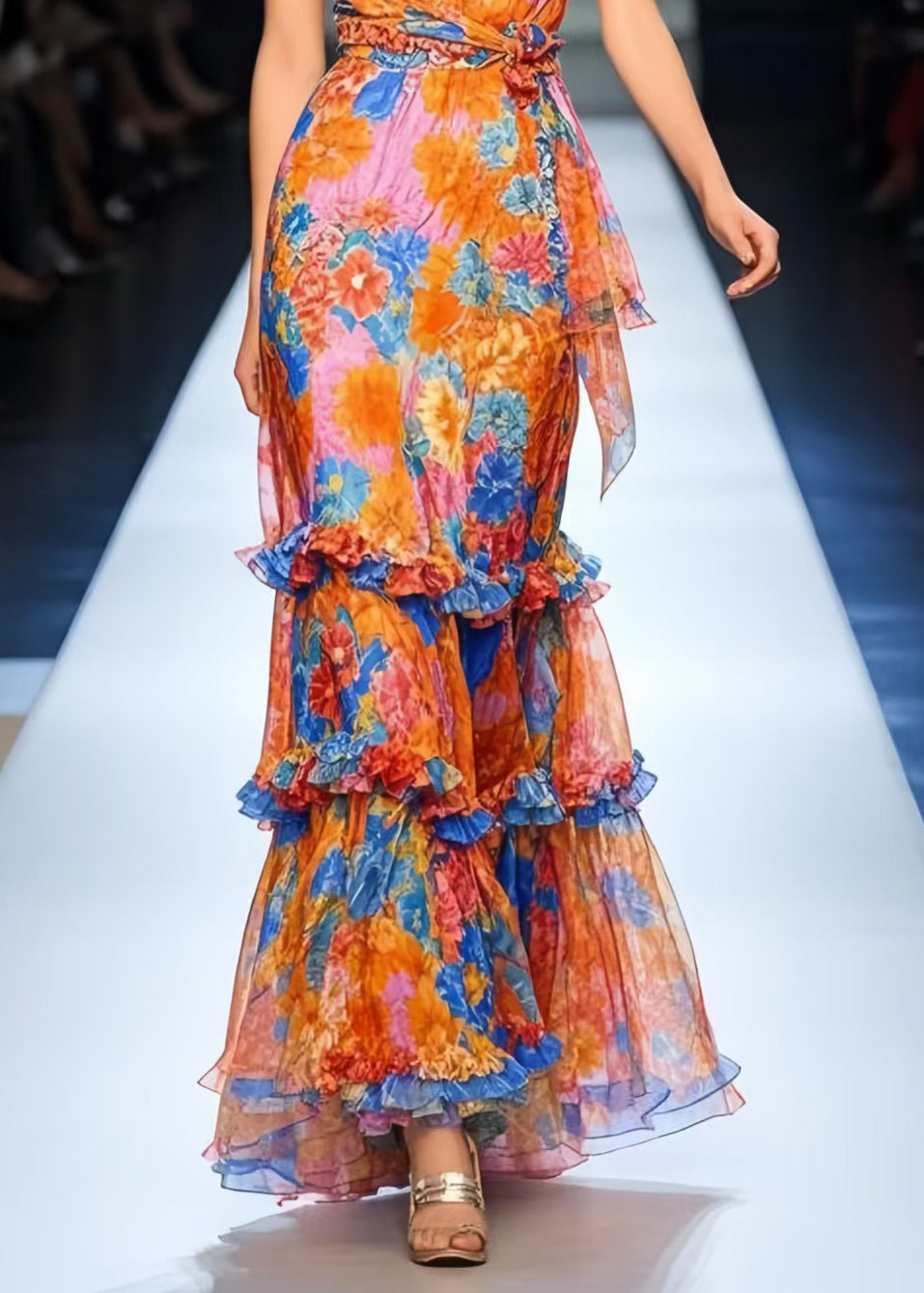 Modern Orange Ruffled Print Chiffon Long Dress Summer