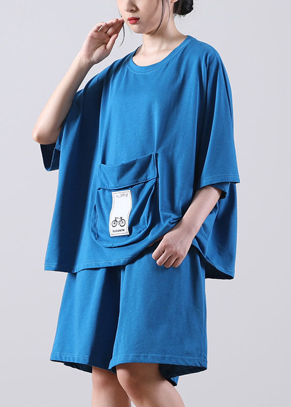 Blue O-neck Oversized Pocket Applique Cotton Tops and Shorts Two Pieces Set Summer