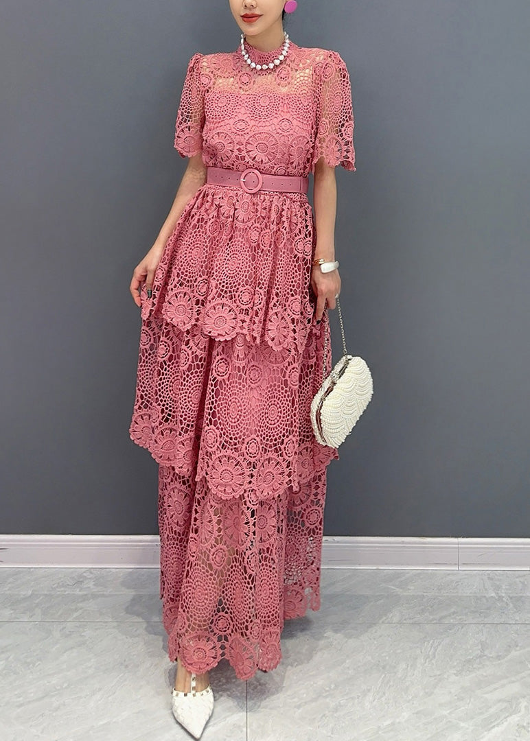 Navy V Neck Sashes Hollow Out Lace Long Dresses Summer